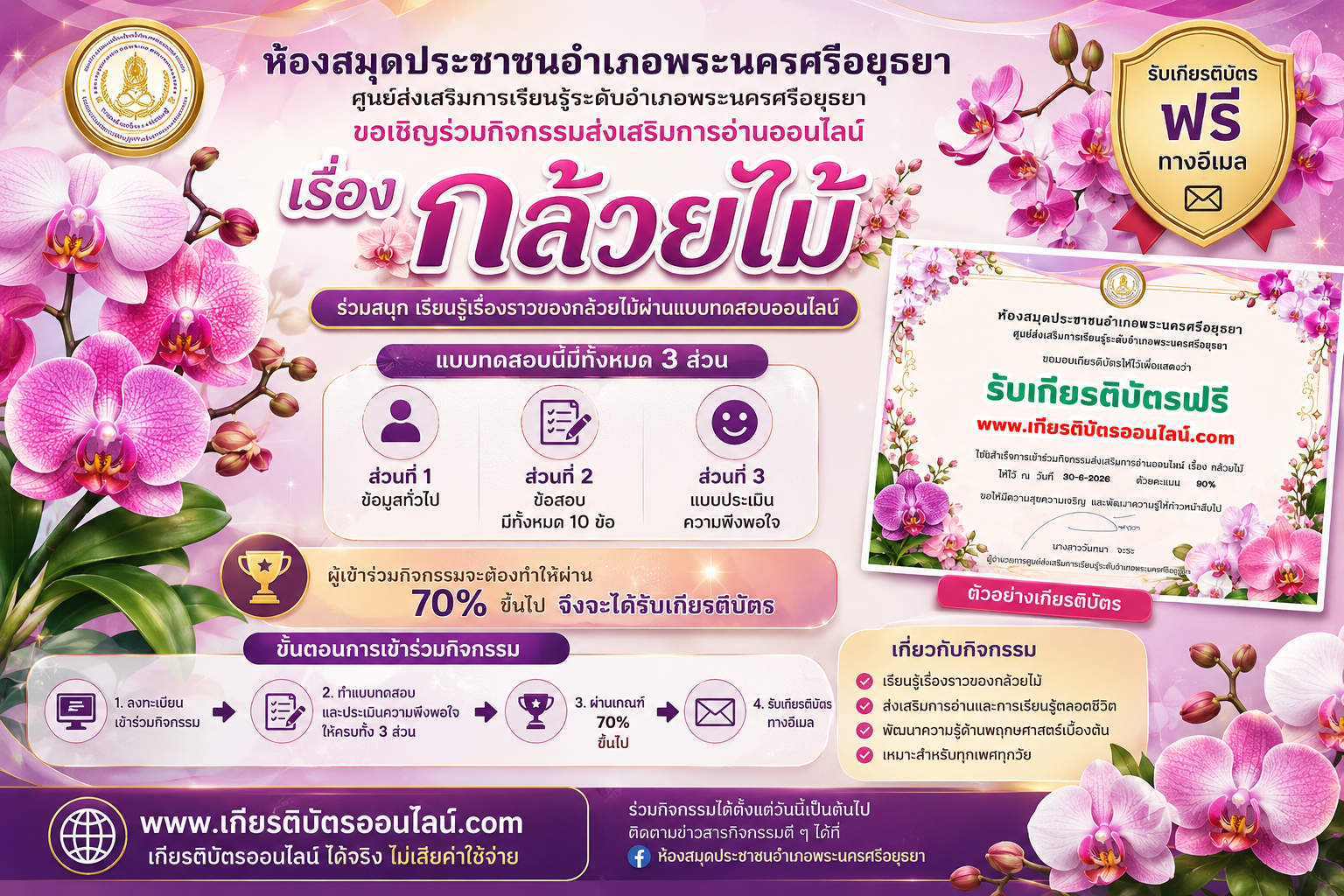 เกียรติบัตรออนไลน์ฟรี แบบทดสอบออนไลน์ เรื่อง กล้วยไม้ ผ่านเกณฑ์ 70 ห้องสมุดประชาชนอำเภอพระนครศรีอยุธยา