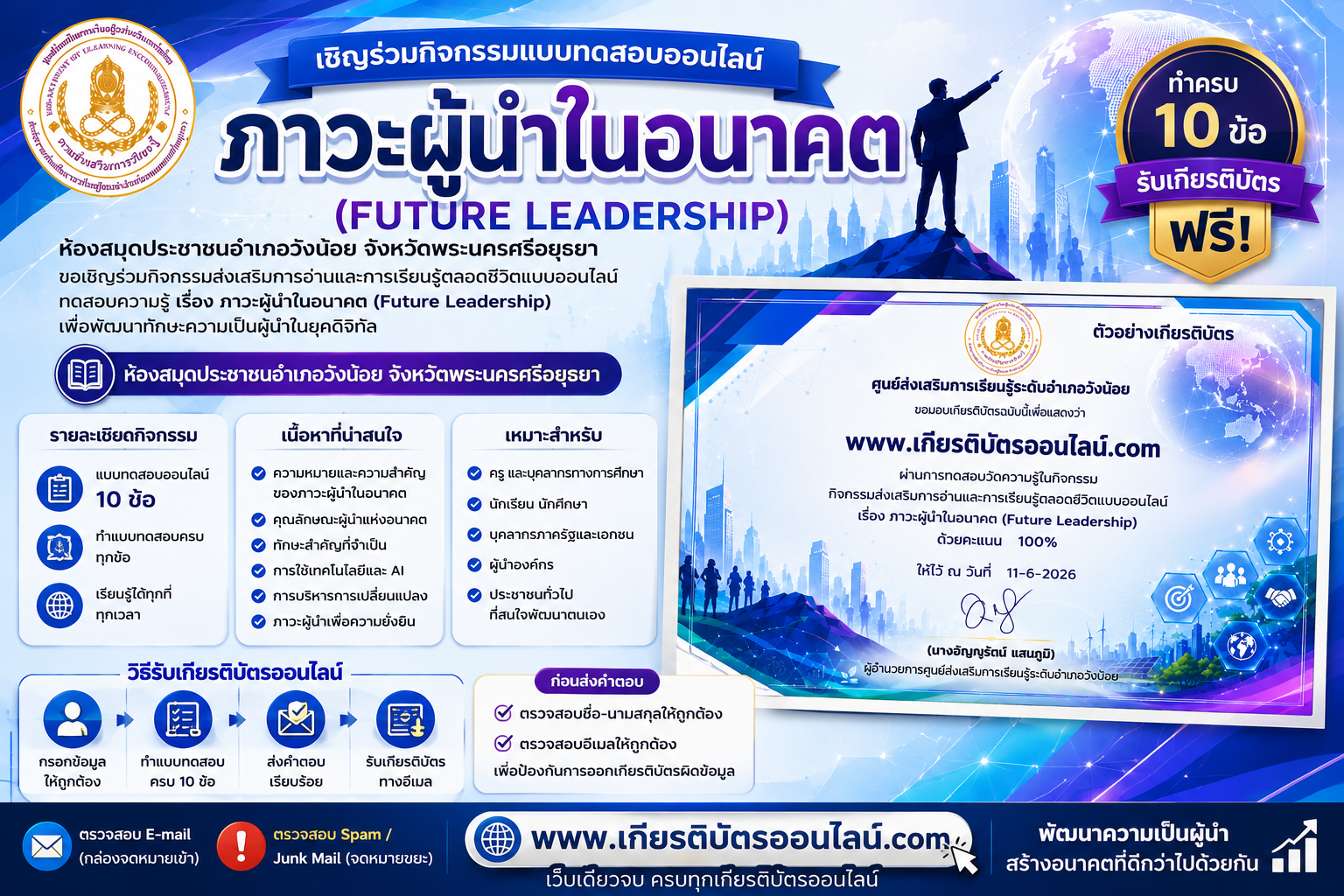 เกียรติบัตรออนไลน์ฟรี เรื่อง ภาวะผู้นำในอนาคต ทำครบ 10 ข้อ รับเกียรติบัตรออนไลน์ฟรี ห้องสมุดประชาชนอำเภอวังน้อย