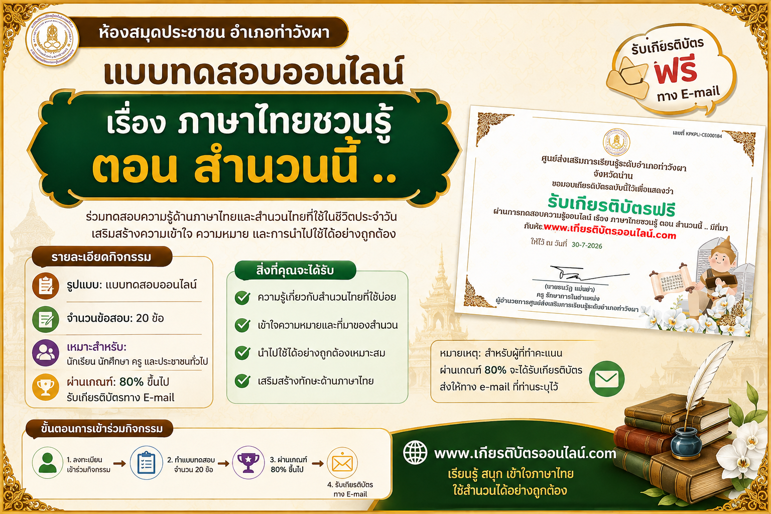 เกียรติบัตรออนไลน์ฟรี แบบทดสอบออนไลน์ ภาษาไทยชวนรู้ ตอน สำนวนนี้ มีที่มา ผ่าน 80 รับเกียรติบัตรออนไลน์ฟรี